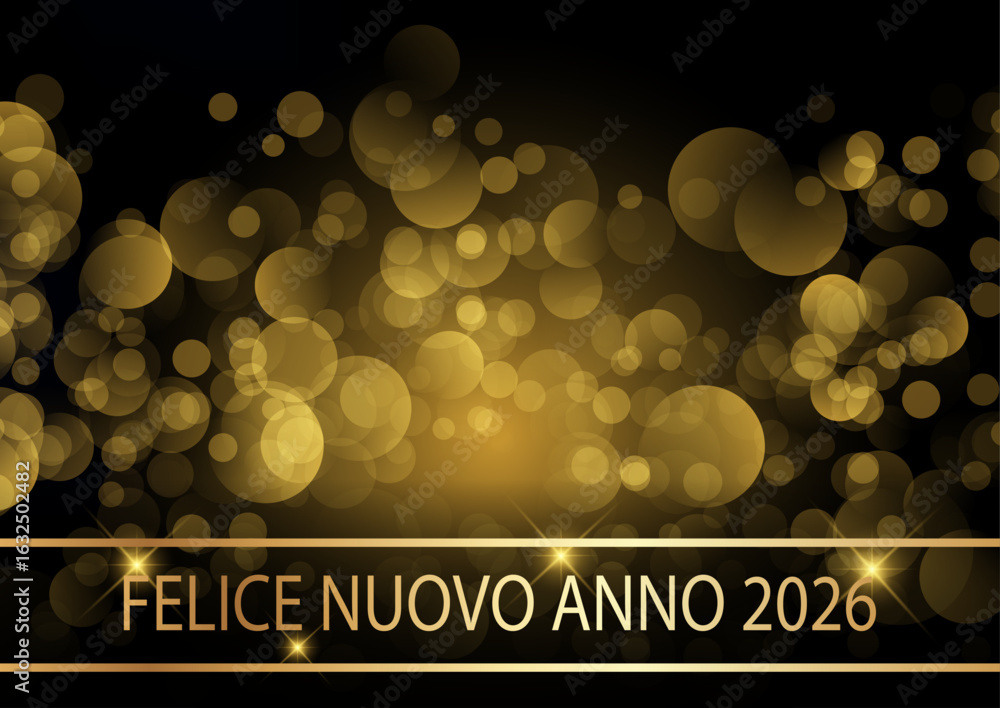 Tarjeta o pancarta para desear un feliz año nuevo 2026 en dorado sobre fondo negro con círculos de color dorado en efecto bokeh