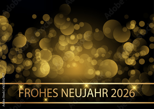 Karte oder Banner, um ein frohes neues Jahr 2026 in Gold auf schwarzem Hintergrund mit goldfarbenen Kreisen im Bokeh-Effekt zu wünschen