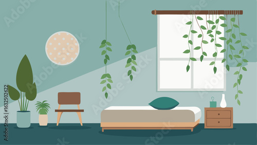A minimalist bedroom with leafy vines cascading down the walls and a hanging macrame plant holder.