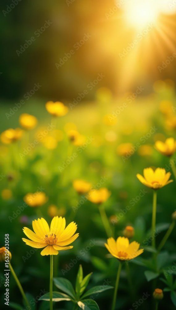 Fototapeta premium Golden buttercup bathed in sunlight, idyllic nature scene, outdoor, spring, scenic