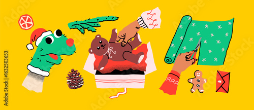 Hands with holiday preparations. Creative festive activities. Human arms actively wrapping gifts and decorating. Seasonal items like gingerbread and greeting cards. Handmade DIY holiday joy.