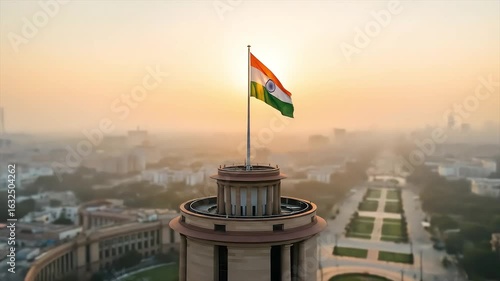 The Indian flag flutters majestically over New Delhi at sunrise, a symbol of pride for Independence Day India and its heritage.