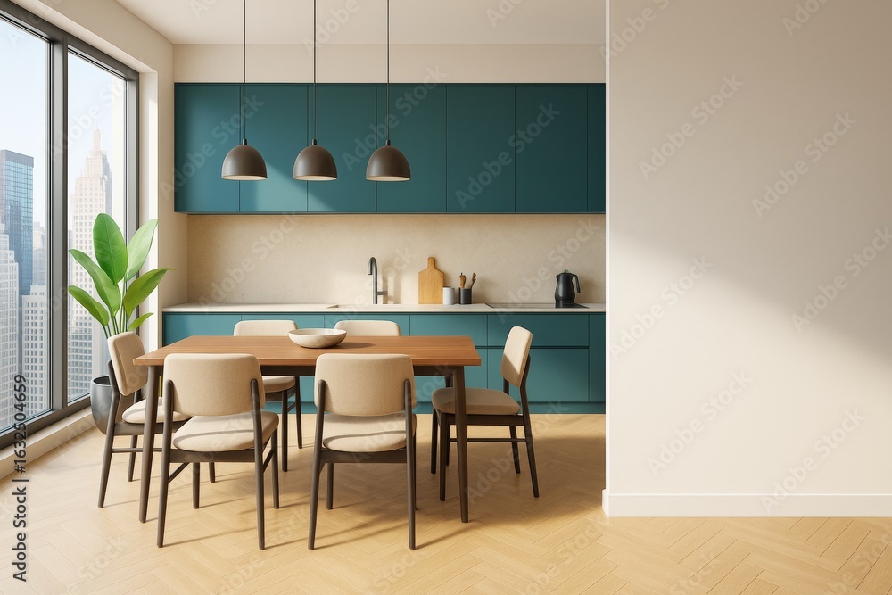 Fototapeta premium Modern kitchen and dining area with teal cabinets, wooden table, and beige chairs in sunlit apartment interior with city view and blank wall for branding.