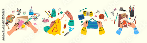 Hands engaged in diverse creative hobbies. Human arms actively making art, knitting, and crafting various projects. Diverse artisan tools handmade creations and DIY passion.