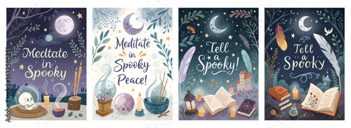 Set of four posters featuring whimsical meditation illustrations with spell books and mystical symbols