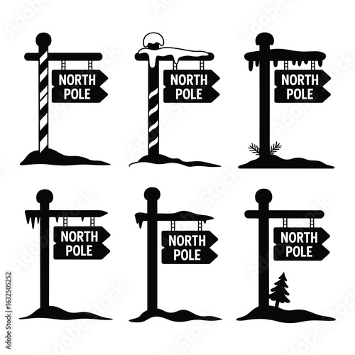 Six North Pole signpost variations with snow and ice