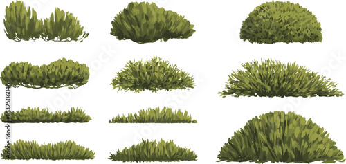 Realistic green bush vector set, isolated foliage illustrations, natural landscape shrubs, garden plants for outdoor, park, nature, and design use
