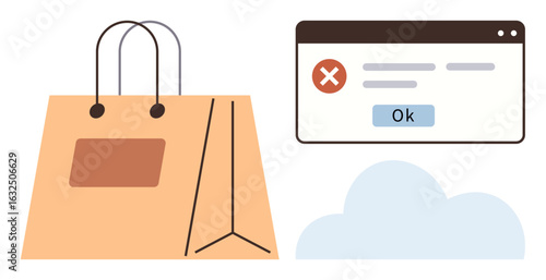 Shopping bag with error pop-up alert window and cloud element illustrating e-commerce issues, technology setbacks, or transaction failures. Ideal for online retail, technology, troubleshooting