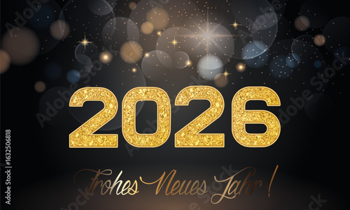 Karte oder Banner, um ein frohes neues Jahr 2026 in Gold auf schwarzem Hintergrund mit Bokeh-Kreisen und Sternen in mehreren Farben zu wünschen