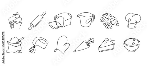 Baking and pastry icons set in one line art style featuring bread, croissants, cupcakes, kitchen utensils, oven mitt, piping bag, chef hat, and mixing tools. Vector illustration