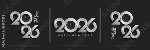 Elegant happy new year 2026 poster design. With a clean combination of silver and black. Premium vector background happy new year 2026.