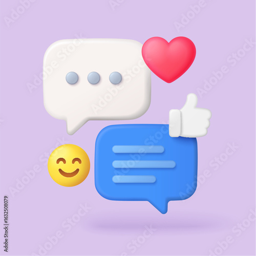 Colorful 3d chat bubbles with heart, thumbs up, and smiley emoji for social media feedback, communication, and engagement concepts on isolated background vector illustration
