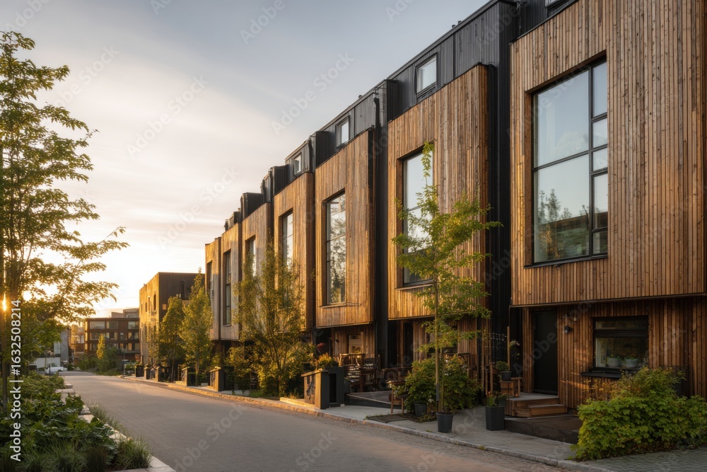 Naklejka premium Contemporary wooden townhouses lined along a quiet street at sunset in an urban residential area showcasing sustainable architecture