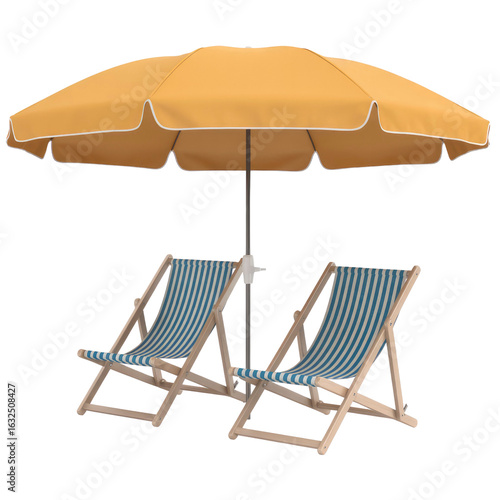 Relaxing Beach Scene Two Striped Deck Chairs Under a Yellow Umbrella