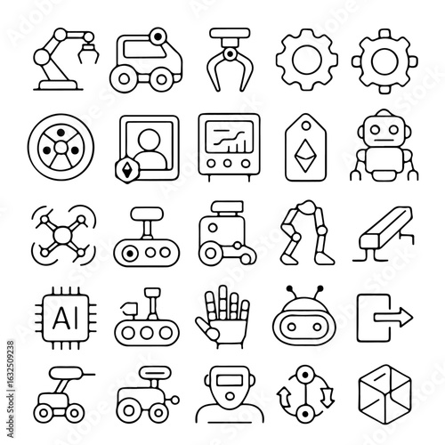 A collection of intricate, crisp, and clean icons representing futuristic technologies, including robotics, artificial intelligence, automation, and design.