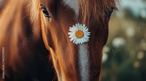 Horse with a flower in its nose, close-up, emotional and elegant photography, message of ethical animal care. generative ai