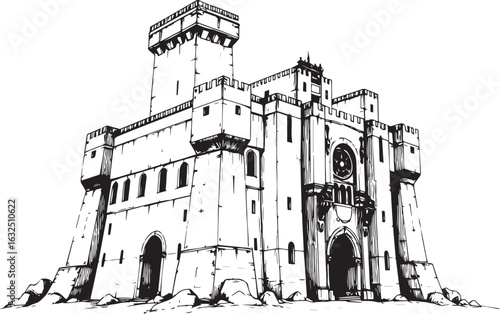 A powerful defensive fortress. The illustration expresses power and steadfastness. Hand drawn vector illustration