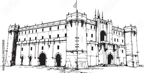 A powerful defensive fortress. The illustration expresses power and steadfastness. Hand drawn vector illustration