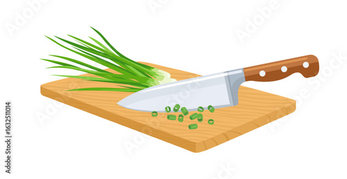 Sliced green onion or chives with knife on cutting board. Cooking concept. Vector cartoon illustration of scallion.
