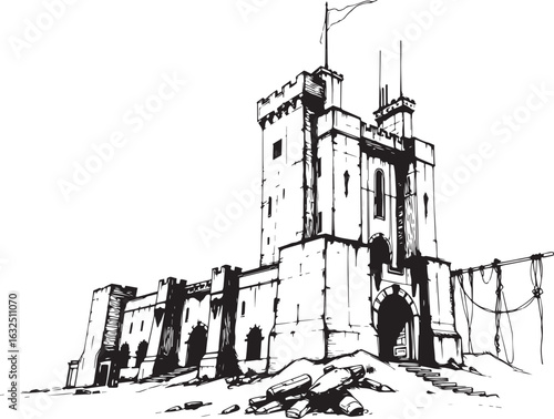 A powerful defensive fortress. The illustration expresses power and steadfastness. Hand drawn vector illustration
