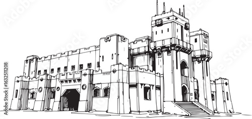 A powerful defensive fortress. The illustration expresses power and steadfastness. Hand drawn vector illustration