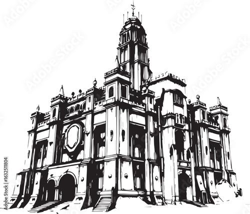 A powerful defensive fortress. The illustration expresses power and steadfastness. Hand drawn vector illustration