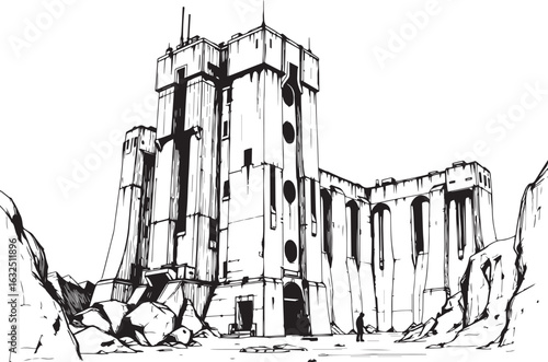 A powerful defensive fortress. The illustration expresses power and steadfastness. Hand drawn vector illustration