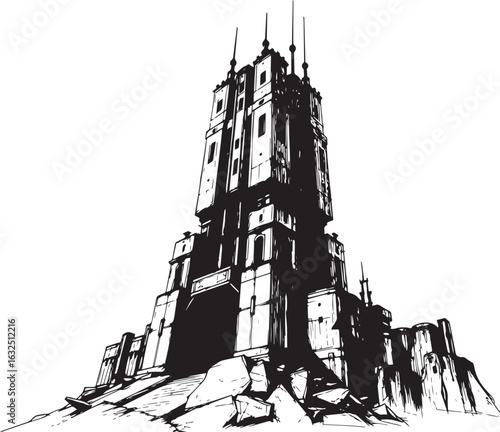 A powerful defensive fortress. The illustration expresses power and steadfastness. Hand drawn vector illustration
