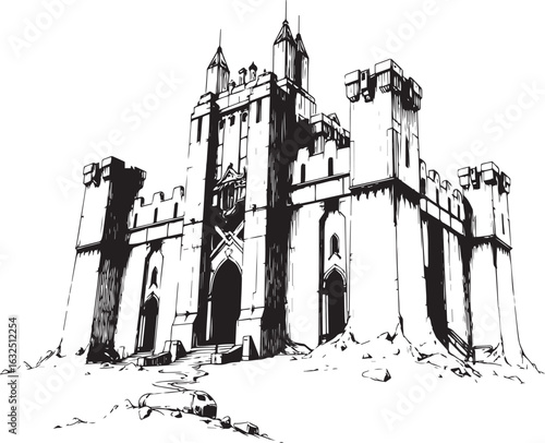 A powerful defensive fortress. The illustration expresses power and steadfastness. Hand drawn vector illustration