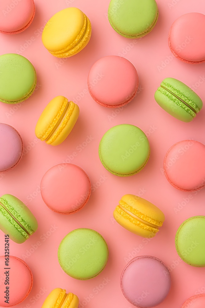 Obraz premium Pastel Colored Macarons on Pink Background – Minimal Dessert Pattern