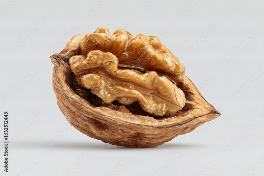 Fototapeta premium Open walnut shell with clean kernel on gray background