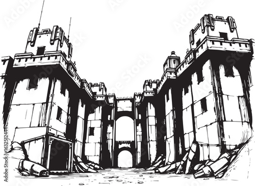 A powerful defensive fortress. The illustration expresses power and steadfastness. Hand drawn vector illustration