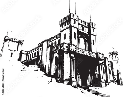 A powerful defensive fortress. The illustration expresses power and steadfastness. Hand drawn vector illustration