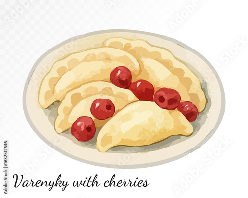 Watercolor illustration of traditional Ukrainian dumplings filled with cherries, served with sour cream, perfect for a sweet treat. Vector illustration.