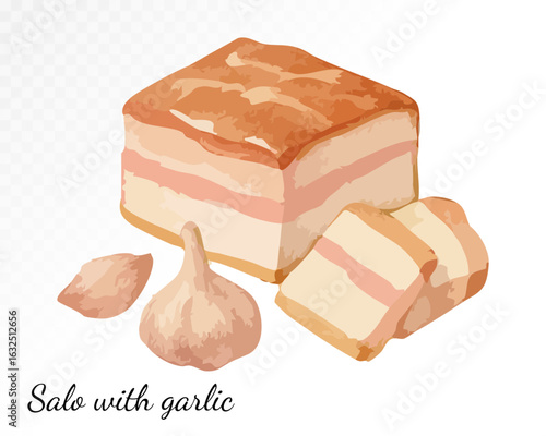 Traditional watercolor illustration of Ukrainian salo (cured pork fat) with fresh garlic, a rich and iconic Eastern European delicacy. Vector illustration.