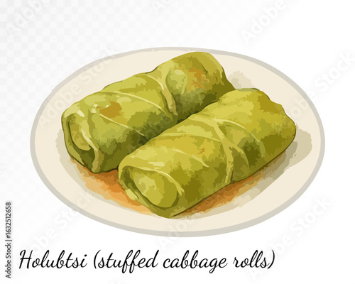 Watercolor cabbage rolls known as holubtsi, stuffed with rice and meat, a staple of Ukrainian cuisine and comforting home-cooked meals. Vector illustration.