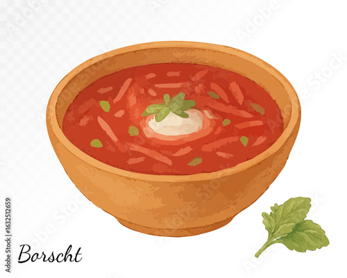 Watercolor bowl of classic Ukrainian borscht soup with beetroot and herbs, a vibrant and hearty Eastern European dish. Vector illustration.