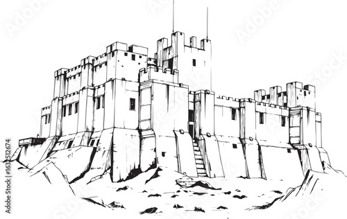 A powerful defensive fortress. The illustration expresses power and steadfastness. Hand drawn vector illustration