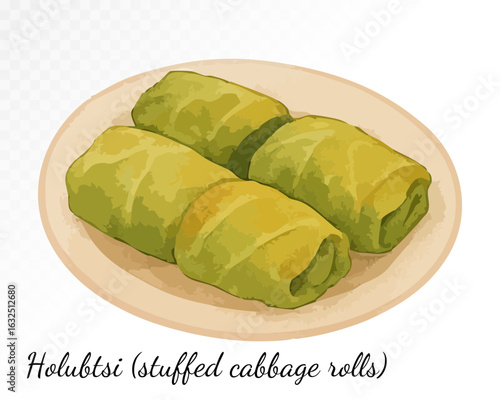 Watercolor cabbage rolls known as holubtsi, stuffed with rice and meat, a staple of Ukrainian cuisine and comforting home-cooked meals. Vector illustration.