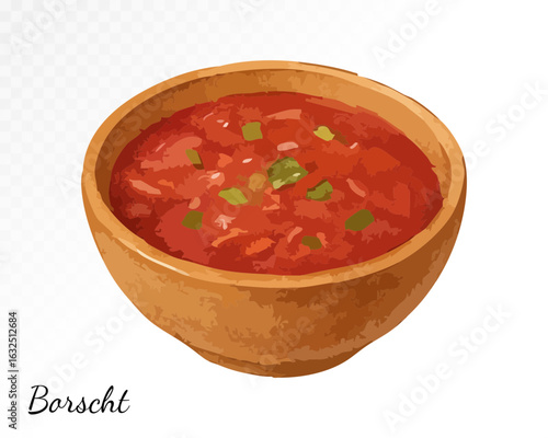Warm watercolor bowl of traditional Ukrainian borscht soup with beetroot and vegetables, a vibrant and iconic Slavic dish. Vector illustration.