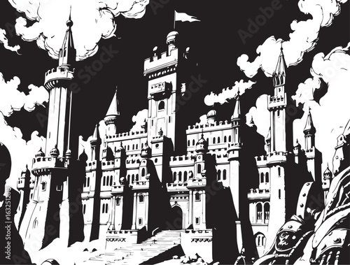 A powerful defensive fortress. The illustration expresses power and steadfastness. Hand drawn vector illustration