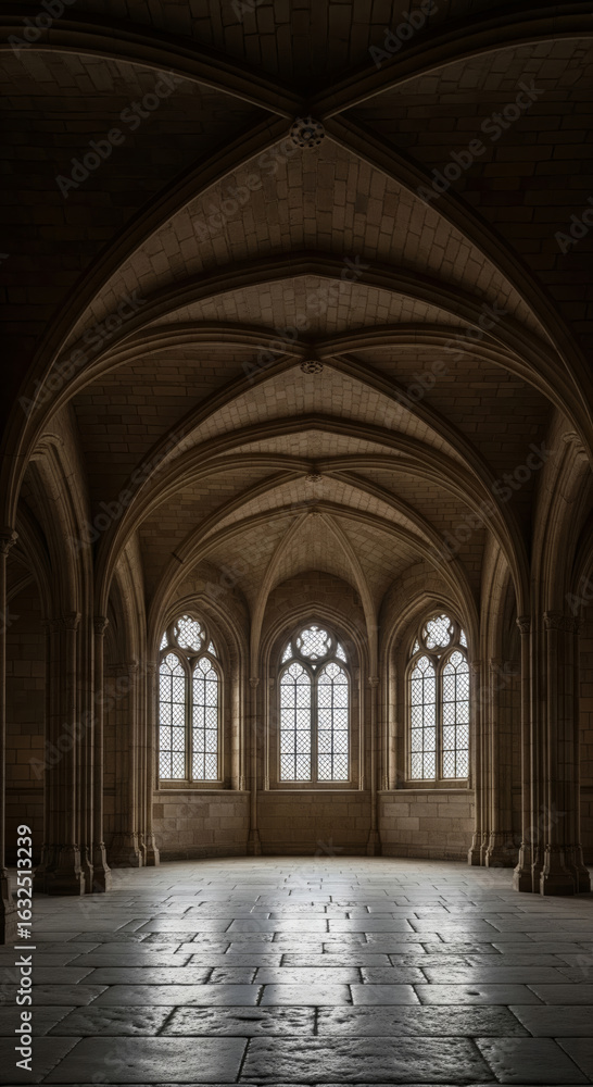 Fototapeta premium Majestic Gothic Hall Illuminated by Stained Glass Windows Casting Ethereal Light Onto Ancient Stone Floors
