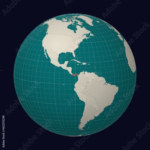 Republic of Panama on the map. Globe centered to Panama. Country location on the world map. Teal Pale Mint color palette. Globe with countries, meridians and parallels. Authentic vector illustration.