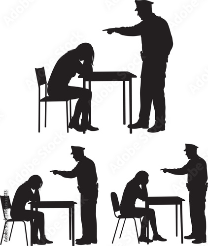 Police officer interrogating a suspect silhouette