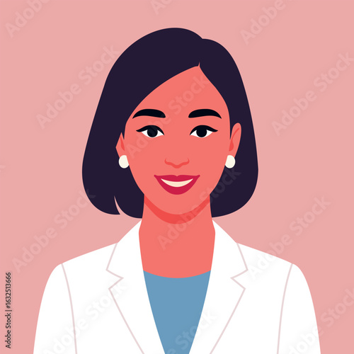 Vector portrait of a professional woman with short dark hair, pearl earrings, white blazer, and blue shirt on a soft pink background. Ideal for business, corporate, or social profile use.