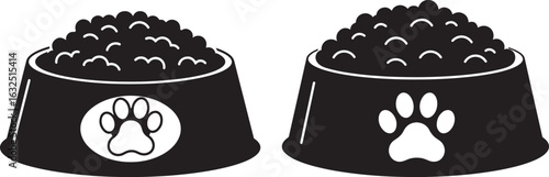 Two black dog food bowls with paw prints silhouette