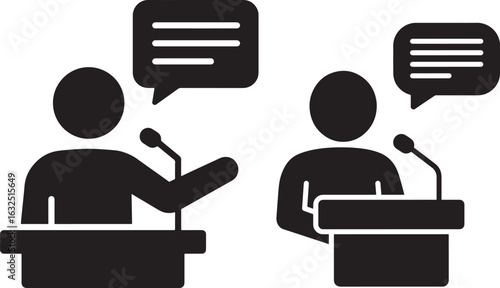 Two people talking at podiums with speech bubbles silhouette