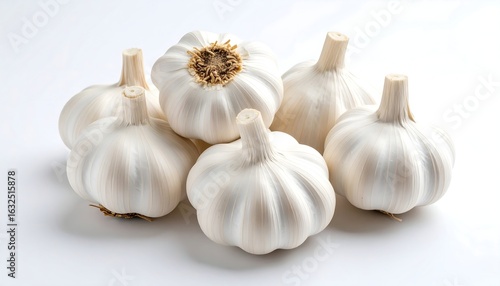 Fresh Garlic Bulbs Arranged on White Surface, Close-Up View, Food Photography.
