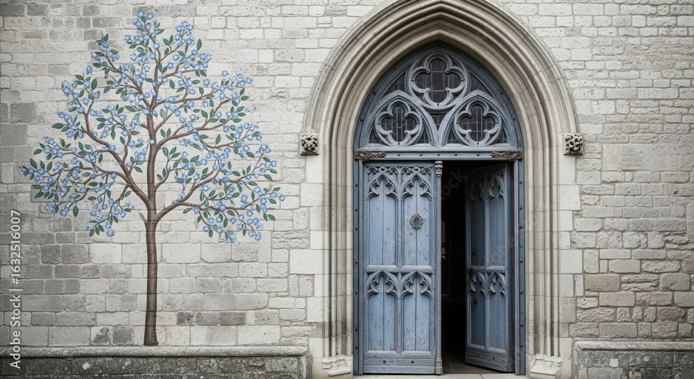 Obraz premium Ancient Stone Archway with Ornate Blue Doors and a Delicate Tree Mural Adorning the Textured Wall Evokes a Sense of Timeless Mystique and Architectural Grandeur