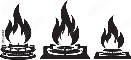 Three gas stove burners with flames silhouette